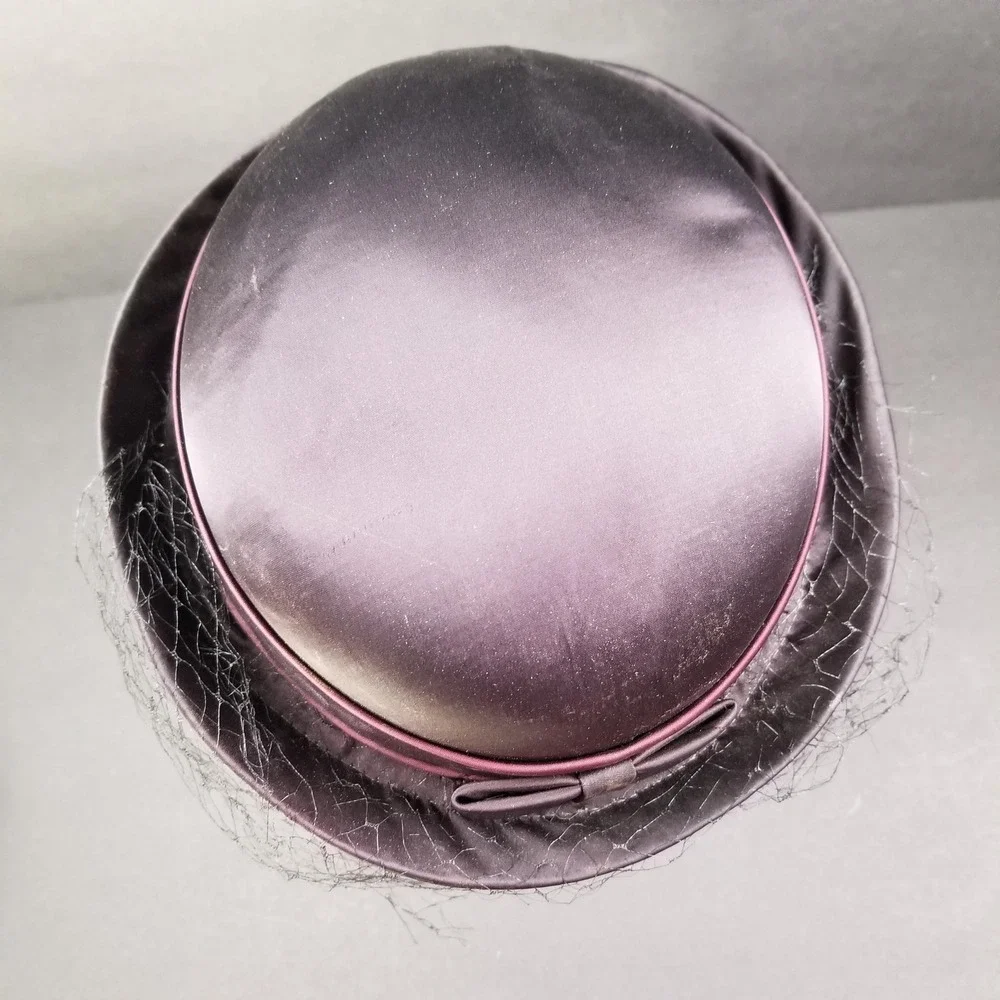 Vintage Karen‎ Lynn Exclusive Satin Pillbox Hat Purple Black Birdcage Veil Bow